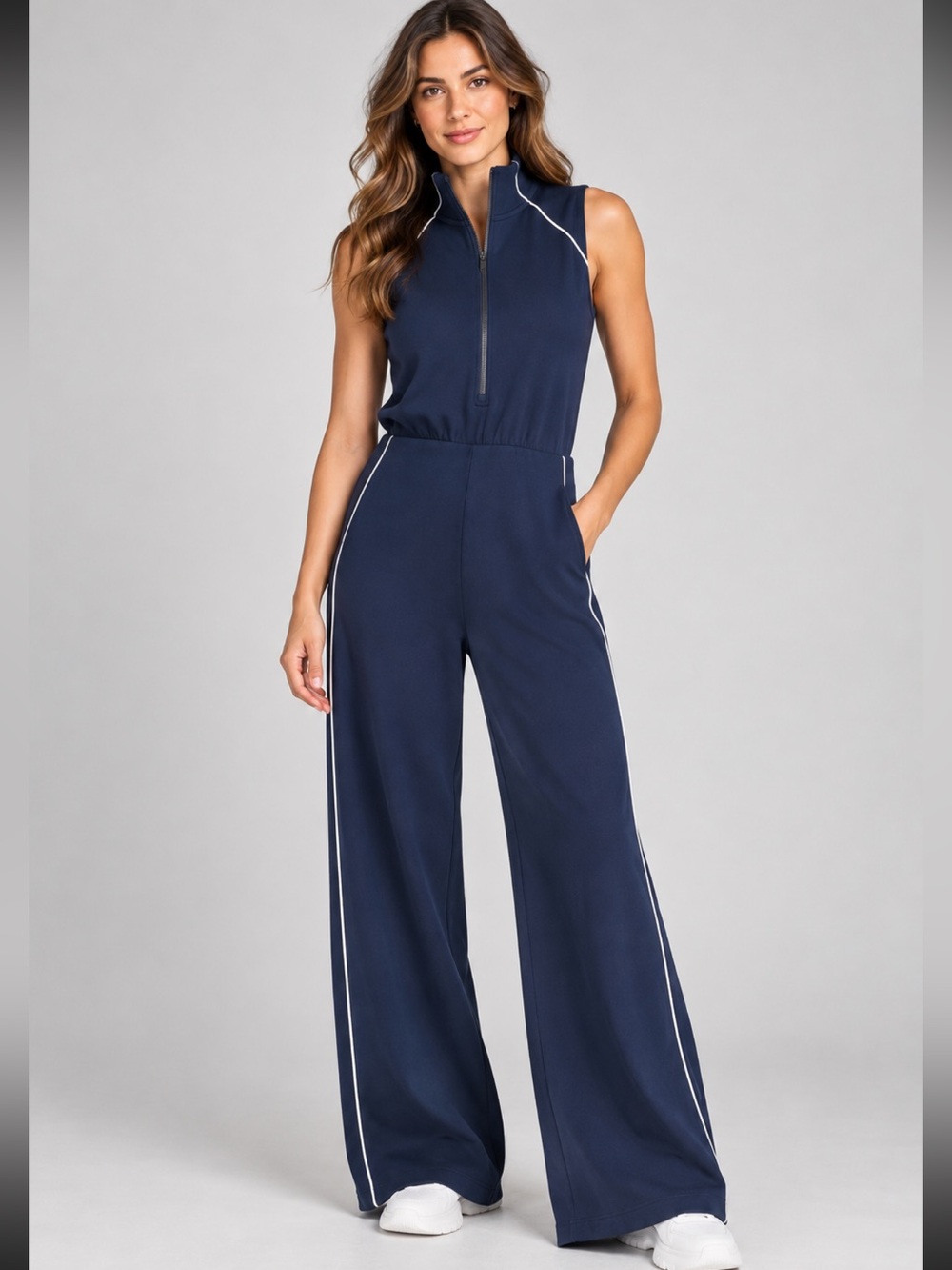 Spanx navy blue open back waist wide leg jumpsuit size L